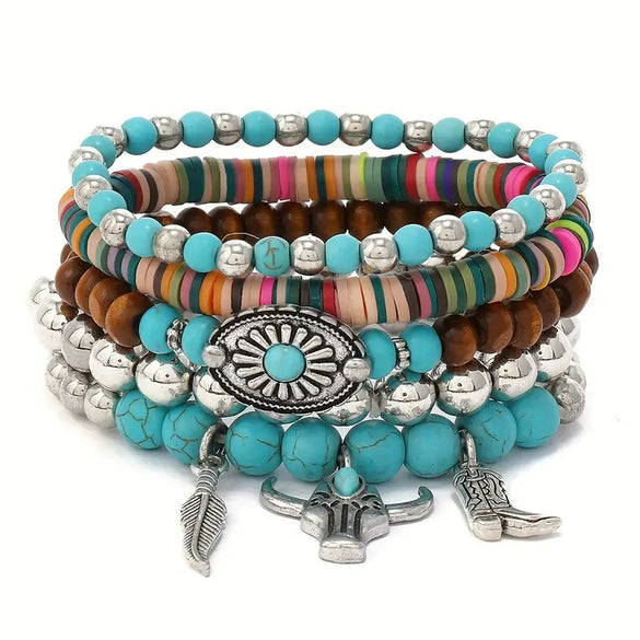 Bohemian Plastic Resin Geometric High Heels Multilayer Wooden Beads Handstring With Electroplating