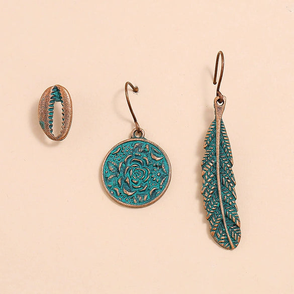 Bohemian Retro Alloy Flower Leaf Shell Earrings Geometric Painted Metal Ancient Bronze Style Three Piece Set