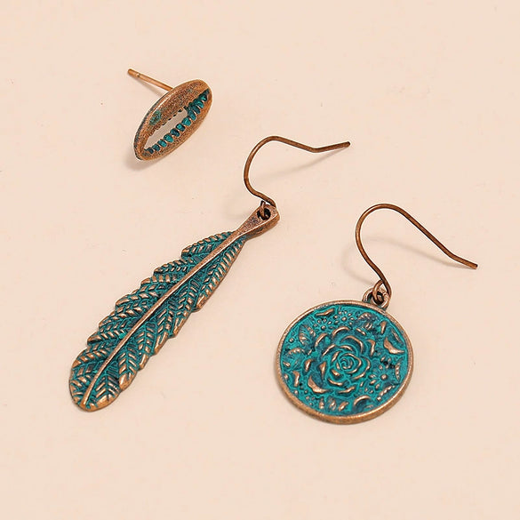 Bohemian Retro Alloy Flower Leaf Shell Earrings Geometric Painted Metal Ancient Bronze Style Three Piece Set