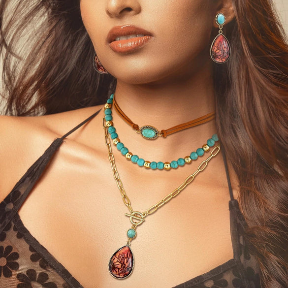 Bohemian Retro Alloy Necklace And Earrings Set With Turquoise Heart Water Drop And Bell Pendants Electroplated Stackable Women's Fashion Jewelry