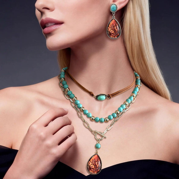 Bohemian Retro Alloy Necklace And Earrings Set With Turquoise Heart Water Drop And Bell Pendants Electroplated Stackable Women's Fashion Jewelry