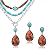 Bohemian Retro Alloy Necklace And Earrings Set With Turquoise Heart Water Drop And Bell Pendants Electroplated Stackable Women's Fashion Jewelry