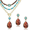 Bohemian Retro Alloy Necklace And Earrings Set With Turquoise Heart Water Drop And Bell Pendants Electroplated Stackable Women's Fashion Jewelry