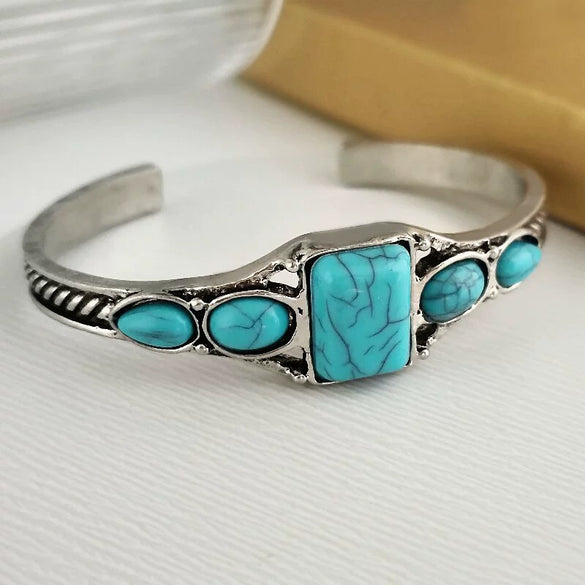 Bohemian Retro Turquoise Carved Geometric Open Adjustable Alloy Bracelet With Electroplating