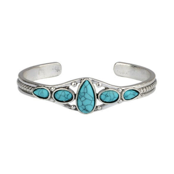 Bohemian Retro Turquoise Carved Geometric Open Adjustable Alloy Bracelet With Electroplating
