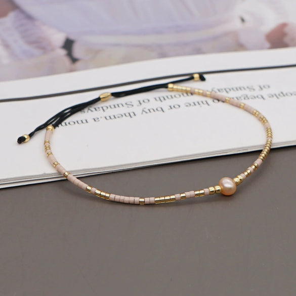 Bohemian Semi Precious Stone Beaded Glass Glaze Handmade Colorful Lucky Stone Rice Beads Adjustable Unisex Couple Stacked Bracelet