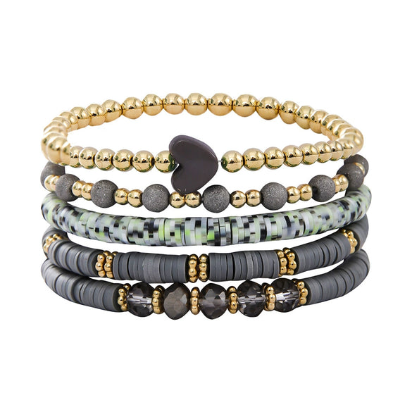 Bohemian Soft Clay Elastic Rope Heart Gold Spacer Bead Women's Bracelet Set Jewelry