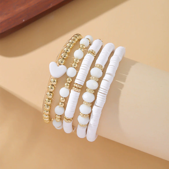 Bohemian Soft Clay Elastic Rope Heart Gold Spacer Bead Women's Bracelet Set Jewelry