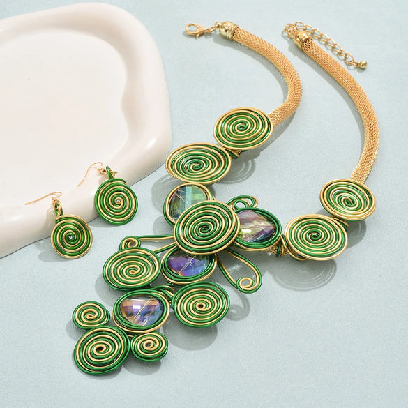 Bohemian Solid Color Aluminium Alloy Plating Inlay Crystal Gold Plated Women's Jewelry Set