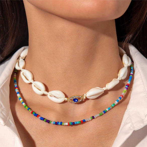 Bohemian Starfish Beaded Single Layer Women's Necklace Alloy Electroplated Shell Pendant