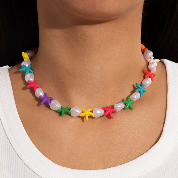 Bohemian Starfish Beaded Single Layer Women's Necklace Alloy Electroplated Shell Pendant