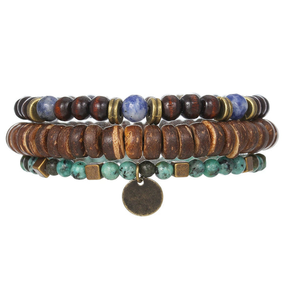 Bohemian Stone Wood Beads Geometric Stretch Bracelet Unisex Manual Design