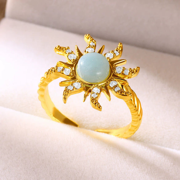 Bohemian Style Copper Ring With Geometric Pattern And Electroplating Open And Micropaved Zircon Sunflower Design