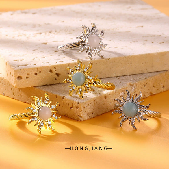 Bohemian Style Copper Ring With Geometric Pattern And Electroplating Open And Micropaved Zircon Sunflower Design
