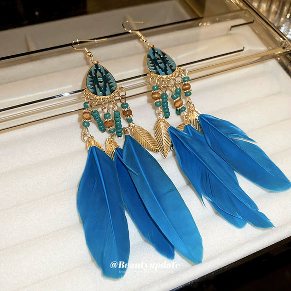 Bohemian Style Distinctive Feather Long Tassel Handmade Geometric Ear Hook All Match Women's Earrings