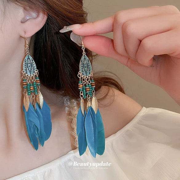 Bohemian Style Distinctive Feather Long Tassel Handmade Geometric Ear Hook All Match Women's Earrings