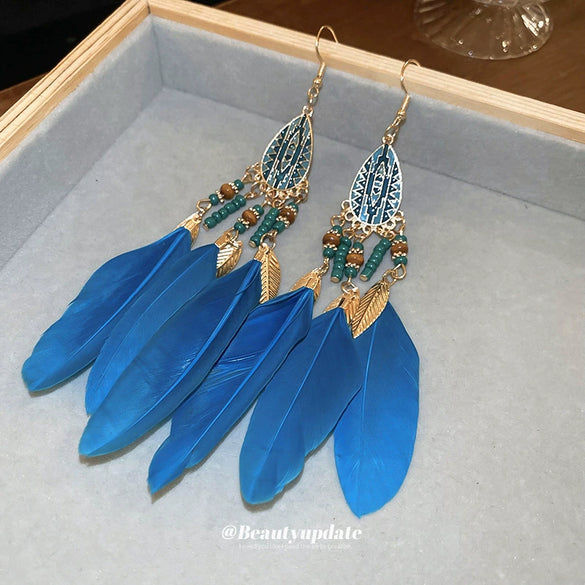 Bohemian Style Distinctive Feather Long Tassel Handmade Geometric Ear Hook All Match Women's Earrings