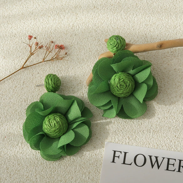 Bohemian Style Fabric Rafi Grass Handmade Flower Earrings For Women