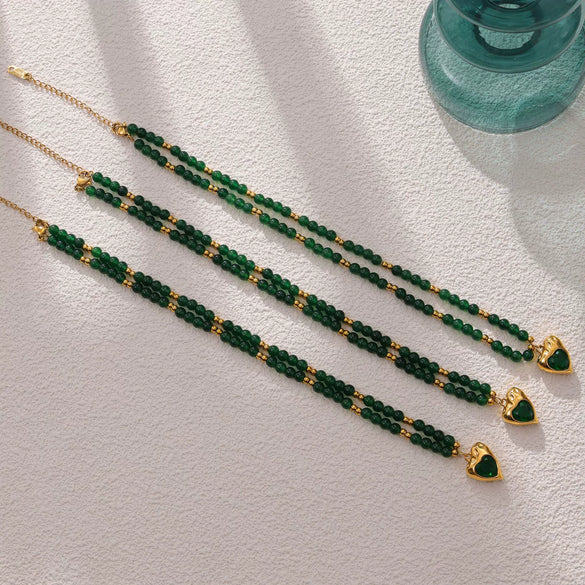 Bohemian Style Green Stone Stitching Beaded Titanium Steel Necklace With Love Shaped Pendant And Electroplating Treatment