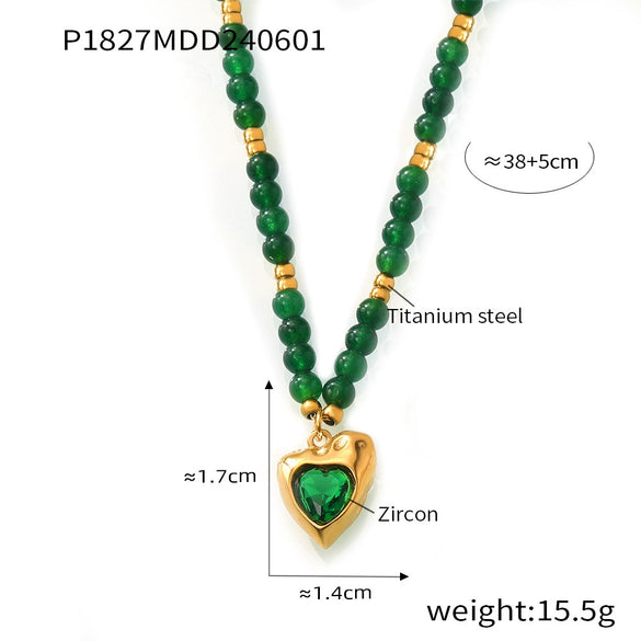 Bohemian Style Green Stone Stitching Beaded Titanium Steel Necklace With Love Shaped Pendant And Electroplating Treatment
