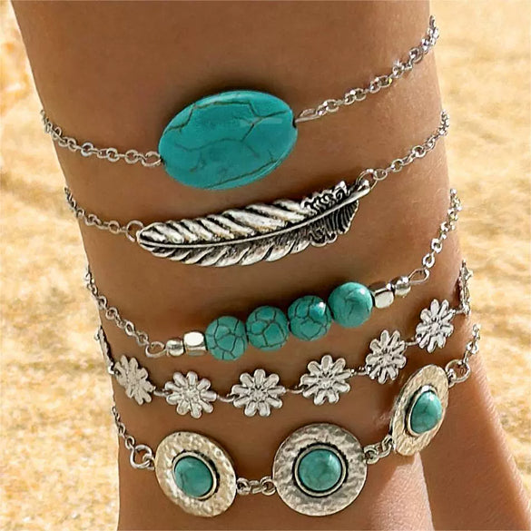 Bohemian Style Inlaid Turquoise Alloy Bracelet Suit With Exaggerated Butterfly Design Electroplated For Women
