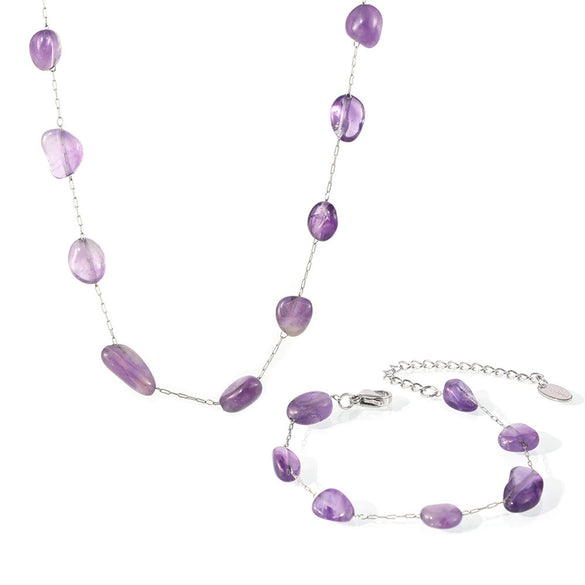 Bohemian Style Irregular Purple Natural Stone And Stainless Steel Bracelet And Clavicle Necklace For Women With Electroplating