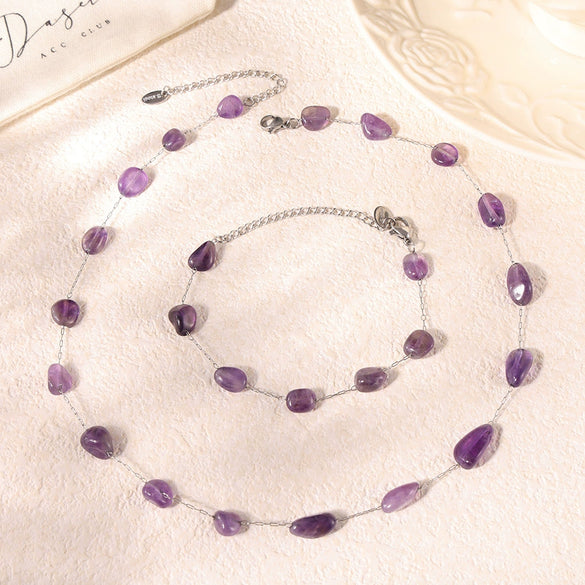 Bohemian Style Irregular Purple Natural Stone And Stainless Steel Bracelet And Clavicle Necklace For Women With Electroplating