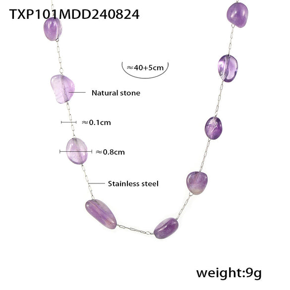 Bohemian Style Irregular Purple Natural Stone And Stainless Steel Bracelet And Clavicle Necklace For Women With Electroplating