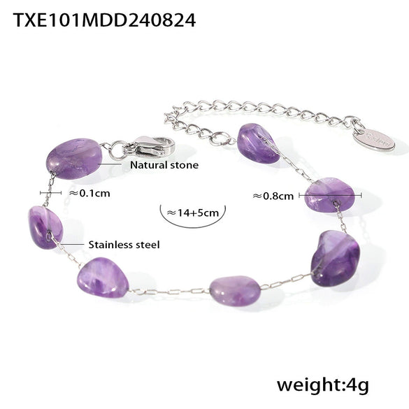 Bohemian Style Irregular Purple Natural Stone And Stainless Steel Bracelet And Clavicle Necklace For Women With Electroplating