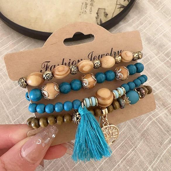 Bohemian Style Multi Layer Handmade Sandalwood Beaded Geometric Shaped Bracelet For Women