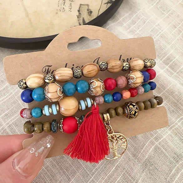 Bohemian Style Multi Layer Handmade Sandalwood Beaded Geometric Shaped Bracelet For Women