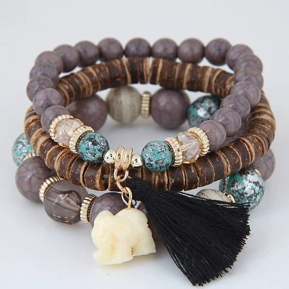 Bohemian Style Multilayer Beaded Bracelet For Women With Small Elephant Tassel Plastic And Resin Beads Animal Pattern Jewelry