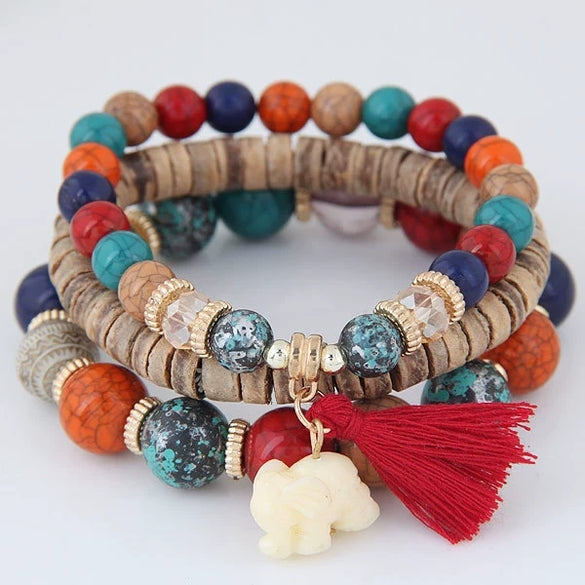Bohemian Style Multilayer Beaded Bracelet For Women With Small Elephant Tassel Plastic And Resin Beads Animal Pattern Jewelry