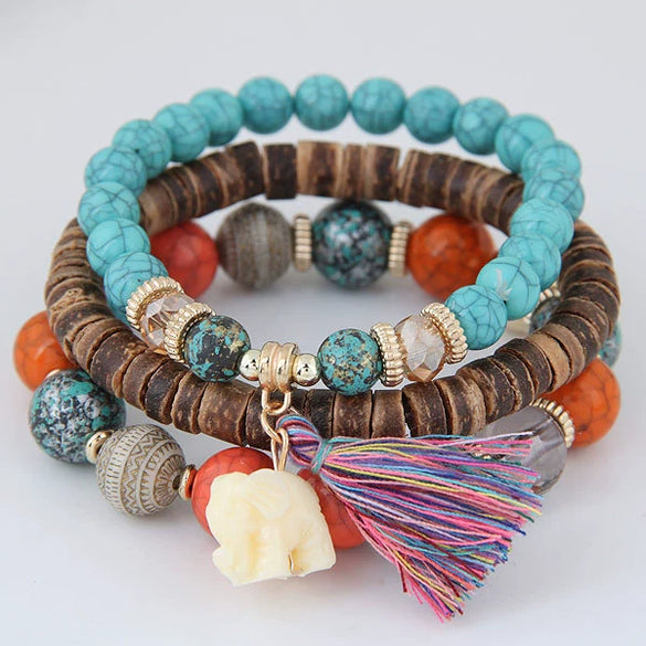 Bohemian Style Multilayer Beaded Bracelet For Women With Small Elephant Tassel Plastic And Resin Beads Animal Pattern Jewelry