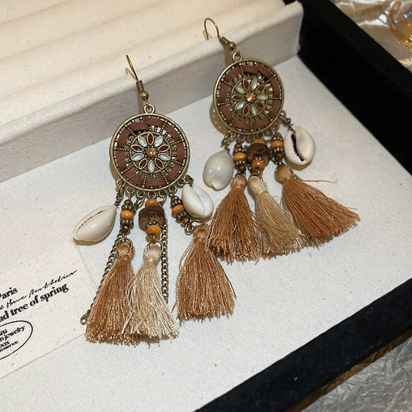 Bohemian Style Old Tassel Beaded Ear Hook Long Earrings Handmade With Artificial Leather And Flower Shape