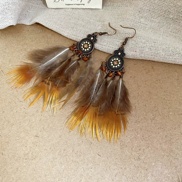 Bohemian Style Old Tassel Beaded Ear Hook Long Earrings Handmade With Artificial Leather And Flower Shape