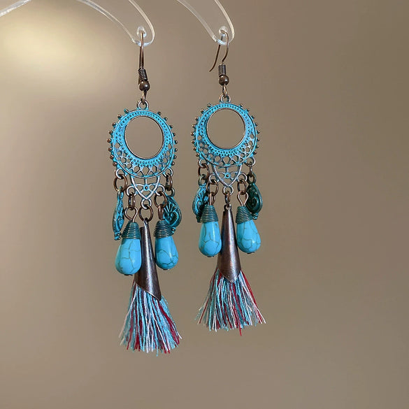 Bohemian Style Old Tassel Beaded Ear Hook Long Earrings Handmade With Artificial Leather And Flower Shape