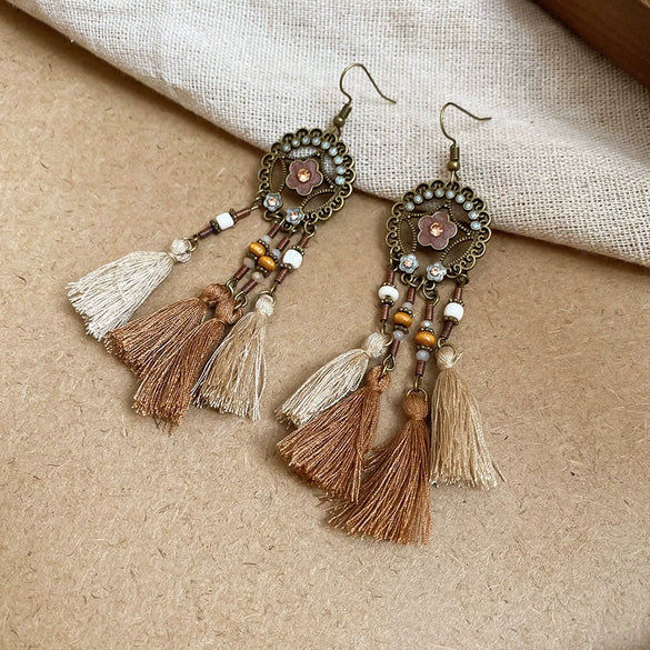 Bohemian Style Old Tassel Beaded Ear Hook Long Earrings Handmade With Artificial Leather And Flower Shape