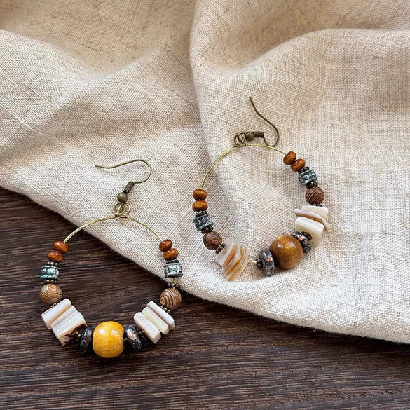 Bohemian Style Old Tassel Beaded Ear Hook Long Earrings Handmade With Artificial Leather And Flower Shape