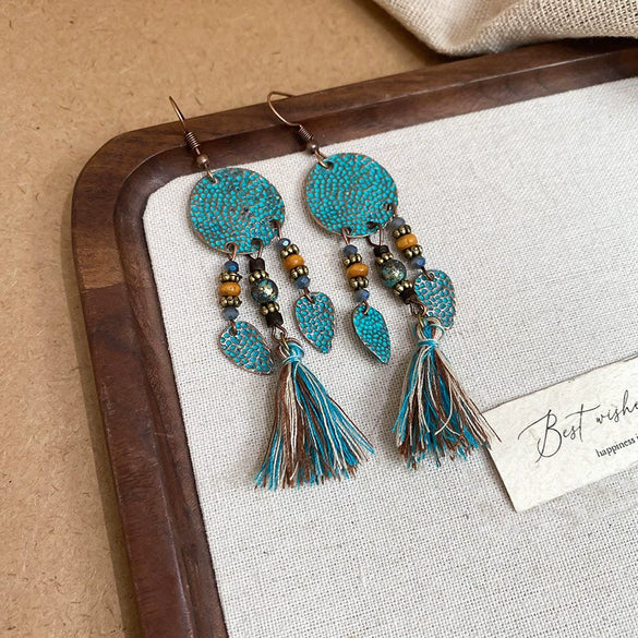 Bohemian Style Old Tassel Beaded Ear Hook Long Earrings Handmade With Artificial Leather And Flower Shape