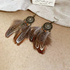 Bohemian Style Old Tassel Beaded Ear Hook Long Earrings Handmade With Artificial Leather And Flower Shape