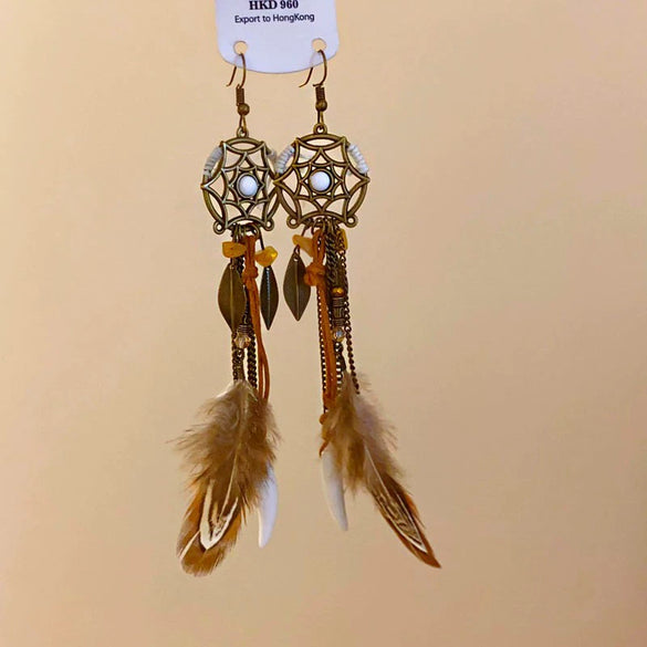 Bohemian Style Old Tassel Beaded Ear Hook Long Earrings Handmade With Artificial Leather And Flower Shape