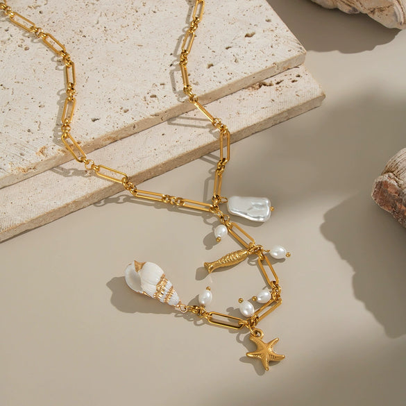 Bohemian Style Seaside Accessories Conch Starfish Necklace In Stainless Steel With Animal Zodiac Pattern And Electroplating