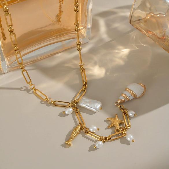 Bohemian Style Seaside Accessories Conch Starfish Necklace In Stainless Steel With Animal Zodiac Pattern And Electroplating