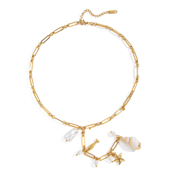 Bohemian Style Seaside Accessories Conch Starfish Necklace In Stainless Steel With Animal Zodiac Pattern And Electroplating