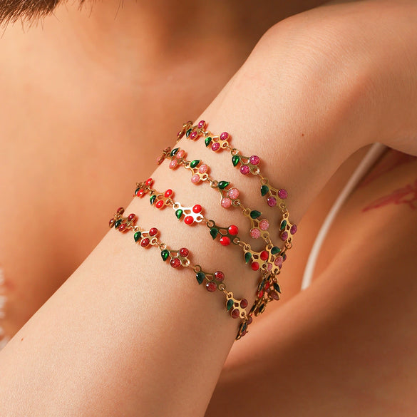 Bohemian Style Stainless Steel Fruit Shape Bracelet With Pvd Vacuum Plating And Oil Dripping For Women