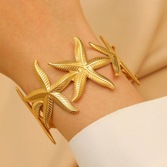 Bohemian Style Stainless Steel Open Bracelet With Starfish And Ocean Design Electroplated