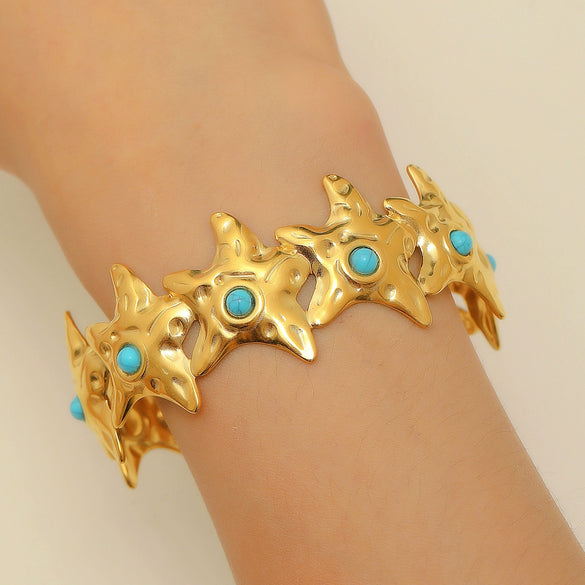 Bohemian Style Stainless Steel Open Bracelet With Starfish And Ocean Design Electroplated