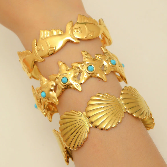 Bohemian Style Stainless Steel Open Bracelet With Starfish And Ocean Design Electroplated