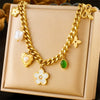 Bohemian Style Thick Sweater Chain With White Shell Five Leaf Flower Diamond Square Pendant Stainless Steel Jewelry With Heart Shape And Bow Tie Pattern Electroplating Treatment